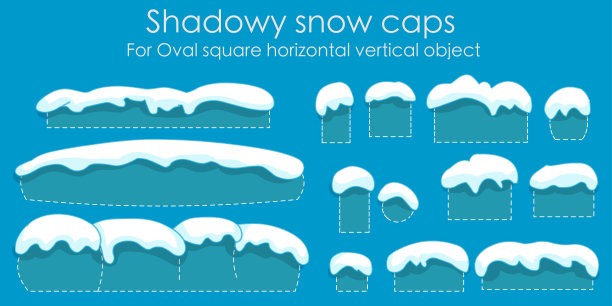 雪帽集，孤立。轮廓,光滑。雪冰柱。适用于文字、字体、首页、椭圆形、方形、凸面。雪球，雪堆，冬天的卡通雪元素。轮廓。蓝色背景。向量图片下载