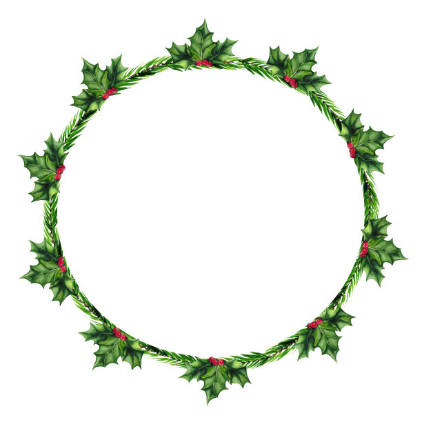圣诞框架与绿色冷杉树枝和冬青在白色背景与文字空间。用于明信片、请柬或海报的水彩插图。图片下载