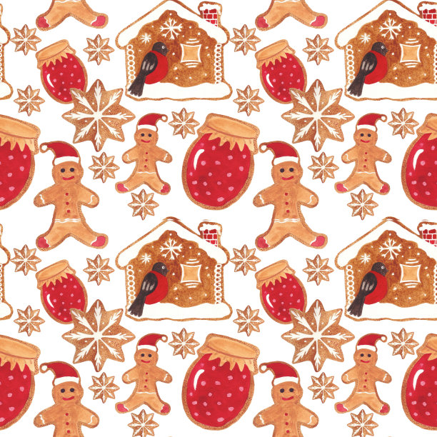 圣诞图案的姜饼饼干与雪花的形象，姜饼，果酱罐和雪屋图片下载