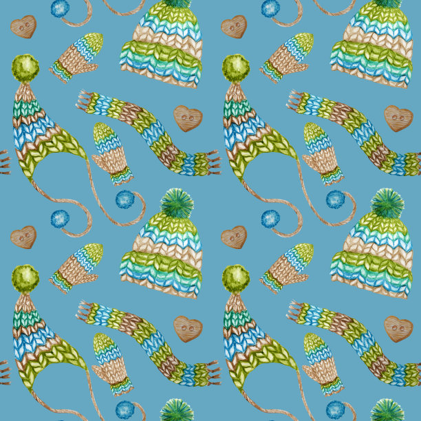 水彩画针织冬装羊毛无缝图案。手套，围巾，帽子和绒球。编织帽，蓝绿棕色。蓝色背景上的温暖时尚配饰。手绘图片下载