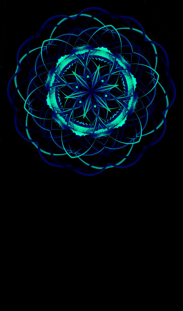 明亮的霓虹蓝，绿色曼荼罗。东方插图。几何形状万花筒。简单，极简的装饰符号在黑色的背景。瑜伽，冥想，坦陀罗旗帜，卡片模板图片下载