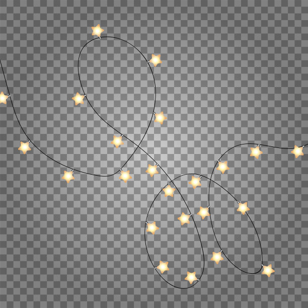 圣诞灯装饰孤立在透明的背景。金色灯光花环与星星逼真的flatlay。金色圣诞装饰顶视图。节日的设计元素图片下载