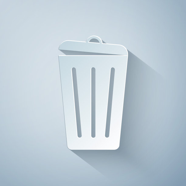 剪纸垃圾桶图标孤立在灰色背景。垃圾桶的迹象。回收篮图标。办公室垃圾图标。纸艺术风格。矢量图图片下载