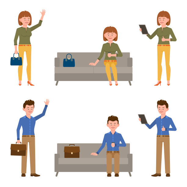 微笑，年轻的商人男女矢量插图。站在侧视图，挥手打招呼，使用平板电脑，坐在沙发上，等待，阅读办公室男孩和女孩卡通人物设置在白色图片下载