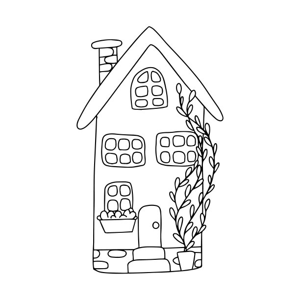 矢量插图与可爱的小房子在涂鸦风格。一系列黑白轮廓的房子之一。图片下载