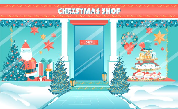 卡通圣诞商店与开放的桌子在门图片下载