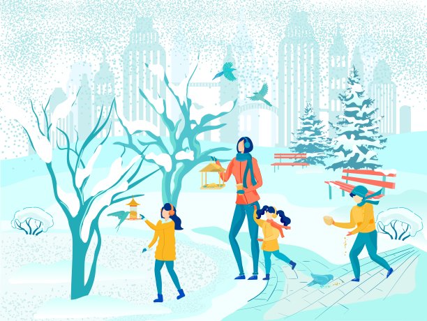 妈妈和孩子喂鸟在冬季城市公园图片下载