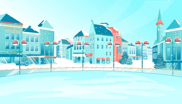卡通冬季空旷的城市溜冰场在城市广场图片下载