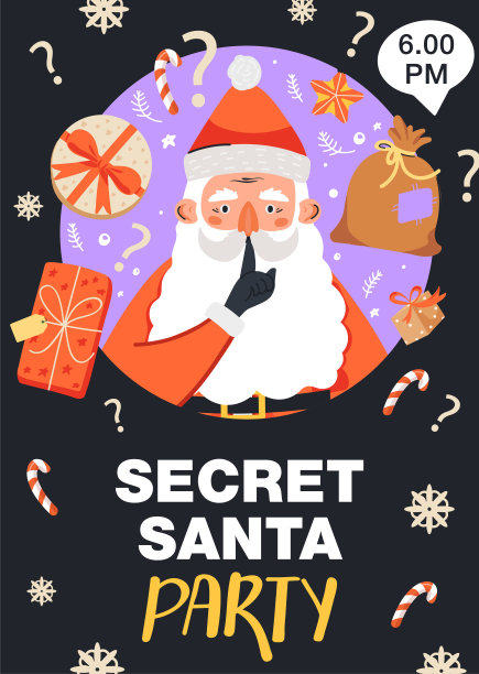 秘密圣诞老人邀请模板。圣诞老人用礼物和字母做了一个无声的手势。图片下载