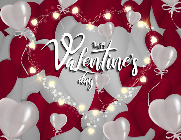 情人节手绘字母背景，心形灯串气球矢量素材，适用于贺卡、宣传单和海报图片下载