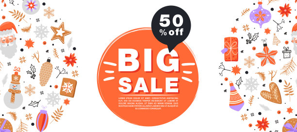 圣诞节大减价横幅。圣诞树玩具、圣诞老人、糖果、冷杉树枝、姜饼、雪花、礼物、花和装饰元素。图片下载