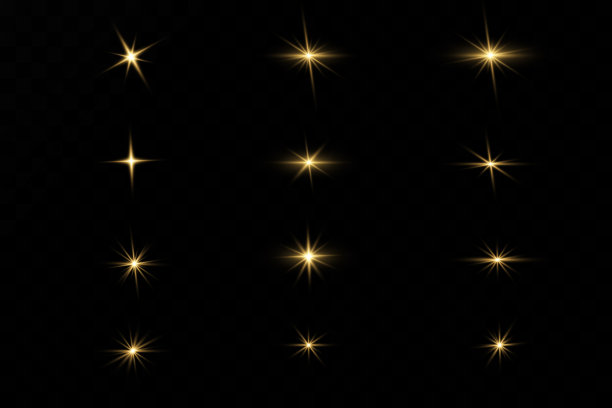 在透明的背景上的一组闪光，灯光和闪光。明亮的金色闪烁着。抽象的金色光孤立明亮的光线图片下载