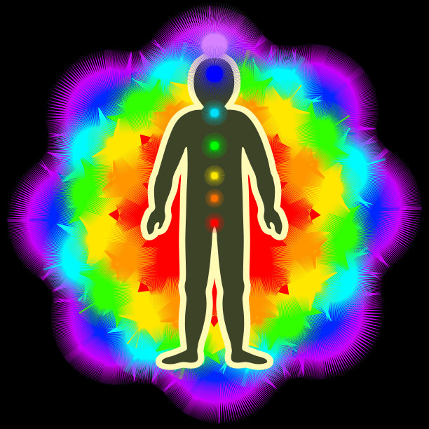 身体的光环。彩虹色标记了男性身体的层次。以太层、情感层、金属层、星光层、天体层和因果层。孤立的矢量在黑色背景图片下载