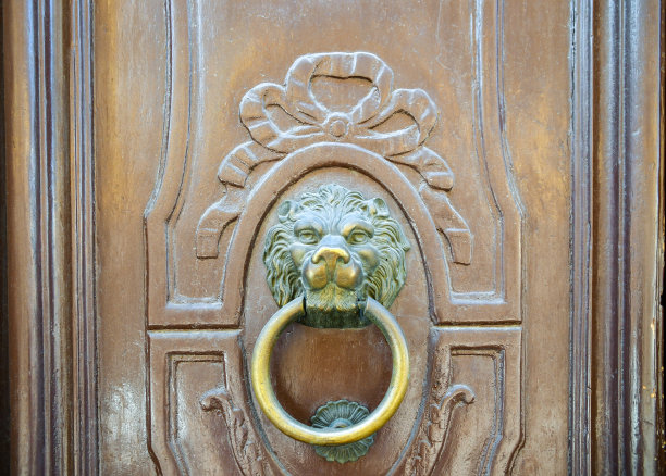 特写的一个古老的雕刻木门与一个金色的金属门环代表一个狮子的头，托斯卡纳，意大利图片下载