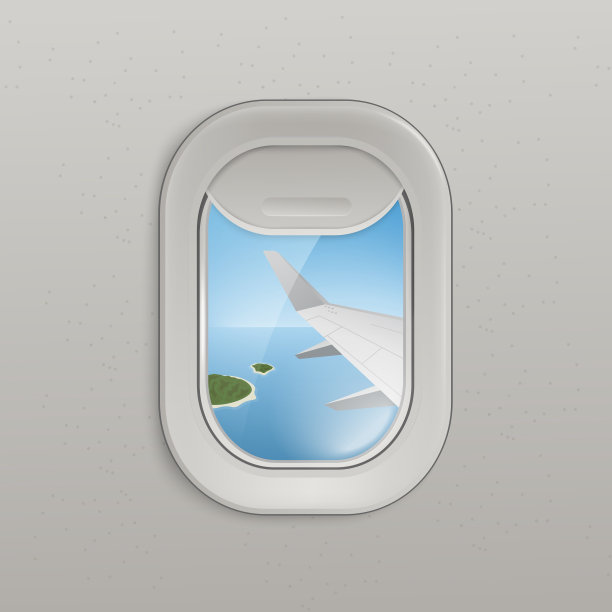现实的飞机窗口视图，热带岛屿上的海洋-夏季度假旅游交通视图从飞机在空中，飞机机翼在舷窗框架矢量插图。图片下载