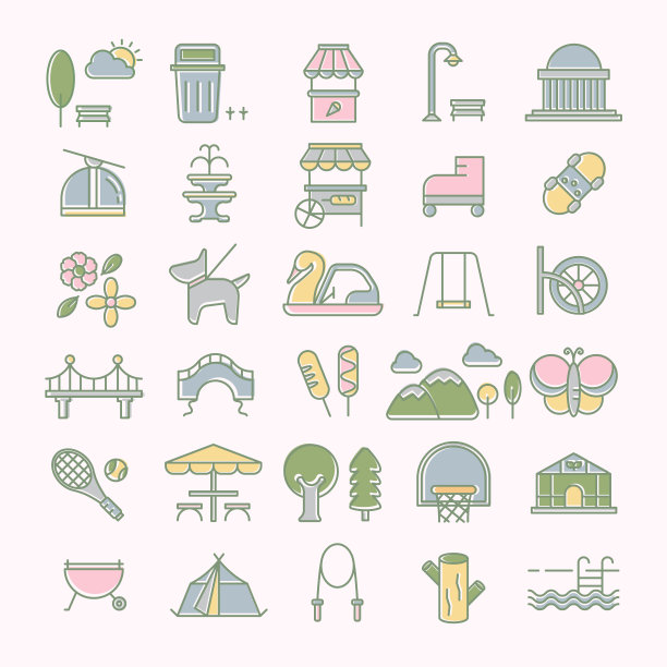 一套公园和营地图标与颜色。自然的图标、符号、符号收集。地标地点图标集。国家公园。温室。游乐园。博物馆。动物图标。脚踏船图标。图片下载
