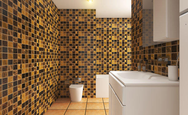 3 d渲染。浴室，墙上贴着金色瓷砖。特写家具与脸盆。图片下载