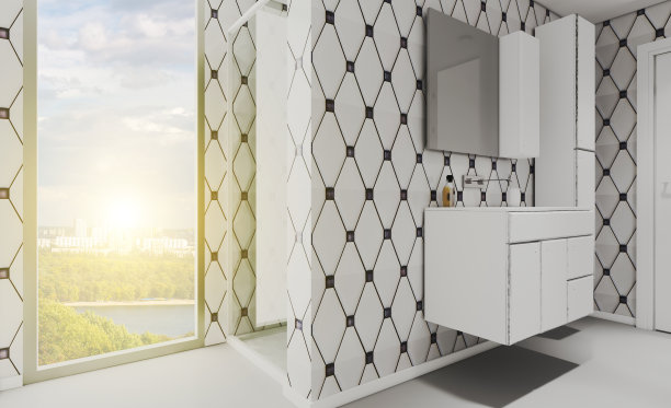 配有白色家具的大浴室。热水浴缸特写。浴室有玻璃门。Chrome的部分。3 d渲染日落图片下载