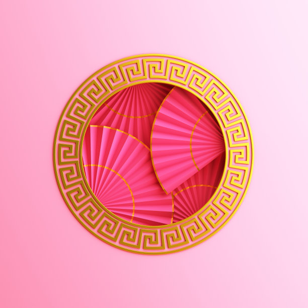 新年快乐横幅，纸扇，中国圆框希腊钥匙金粉。中国节庆喜庆发菜的设计创意理念。图片下载