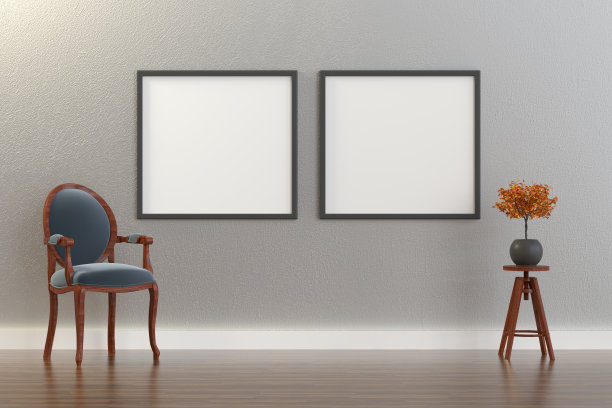 3D室内，客厅，扶手椅和混凝土墙上的空框架图片下载