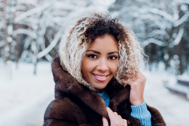 微笑的非洲裔美国女孩穿着裘皮大衣在冬季公园图片下载