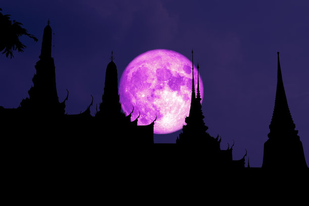 寒冷的满月和佛寺顶上的剪影图片下载