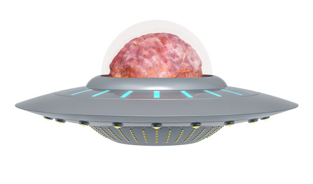 UFO与大脑，3D渲染孤立的白色背景图片下载