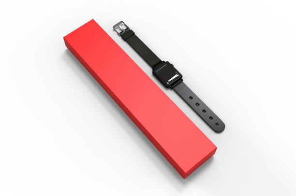 智能手表与硬盒包装的品牌和模拟。3 d渲染插图。图片下载