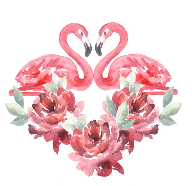 Peonies.Roses。粉红色的火烈鸟。水彩画插图的心牡丹和火烈鸟在一个白色的背景。图片下载