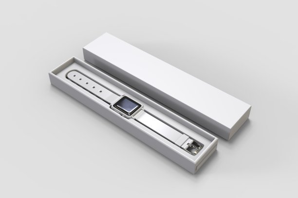 智能手表与硬盒包装的品牌和模拟。3 d渲染插图。图片下载