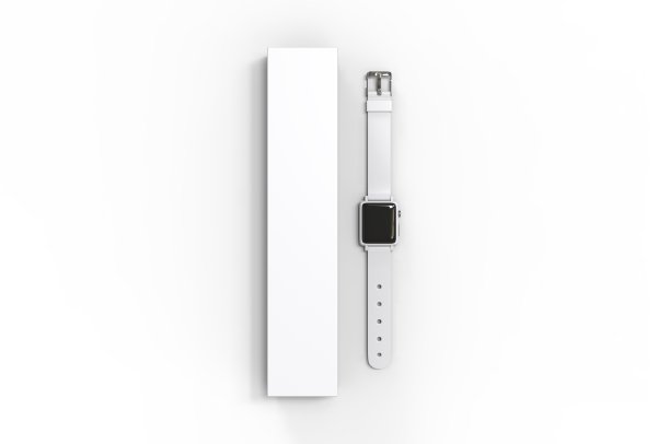 智能手表与硬盒包装的品牌和模拟。3 d渲染插图。图片下载