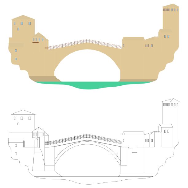 莫斯塔尔市的古桥的颜色和轮廓。图片下载