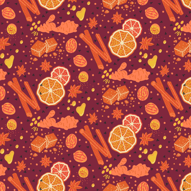 暖冬香料，无缝花纹。深红色的背景。图片下载
