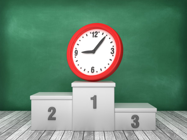 讲台与时钟在黑板背景- 3D渲染图片下载