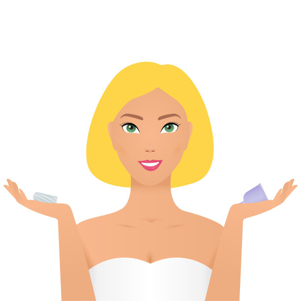 女性卫生用品的概念矢量插图。月经杯，月经卫生棉条和卡通风格的女孩孤立的背景。年轻女子手持不同类型的女性卫生用品-月经杯和卫生棉条。“零浪费”图片下载