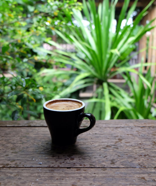 热咖啡杯放在木桌上，以花园为自然背景，清晨雨天的种植园背景——意象图片下载