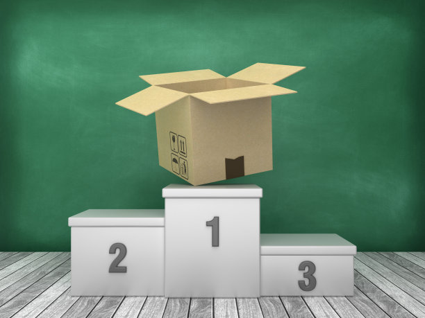 讲台与纸板盒在黑板背景- 3D渲染图片下载