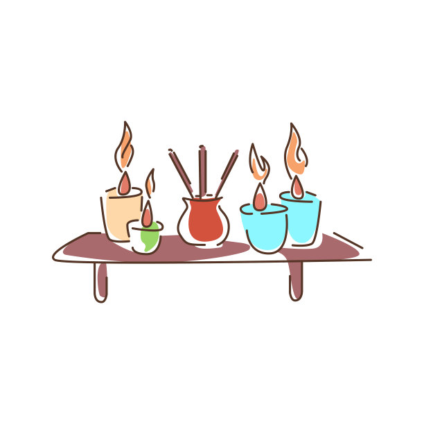 烛台上的彩色线条图标。光源。多用于装饰用途，由蜡、牛油组成。象形文字用于网页、手机应用、促销。UI UX GUI设计元素。可编辑的中风。图片下载