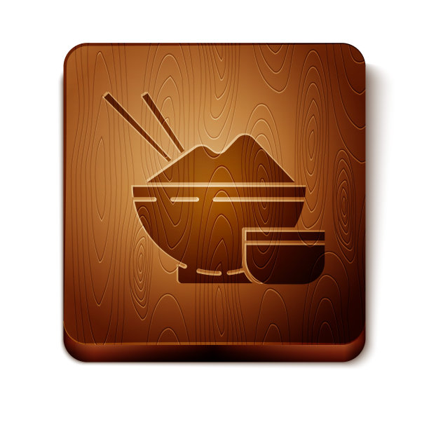 糙米在一个碗，筷子和酱汁图标孤立在白色的背景。传统的亚洲食品。木制方形按钮。矢量图图片下载