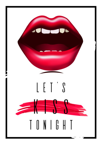 情人节快乐，爱情和关系的时尚卡片。性感女人的嘴唇和红色的笔触在白色的背景上。图片下载