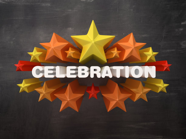 彩色星星与庆祝字在黑板背景- 3D渲染图片下载