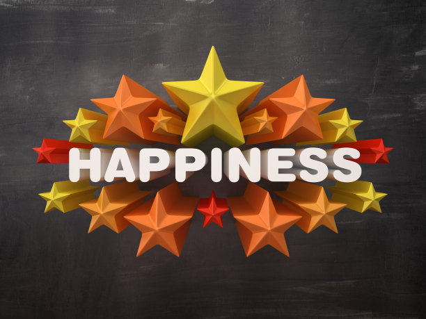 彩色星星与幸福字在黑板背景- 3D渲染图片下载