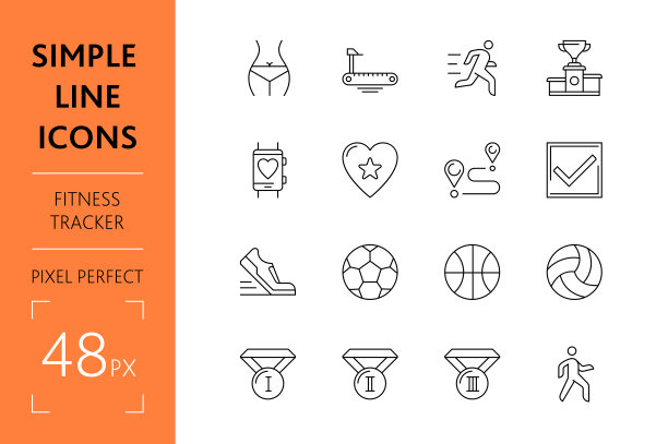 设置健身跟踪简单的线条运动图标。图片下载