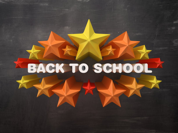 彩色星星与回到学校短语在黑板背景- 3D渲染图片下载