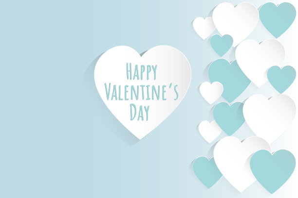 情人节的概念背景。矢量插图。白色和蓝色纸心在柔和的蓝色背景。可爱的爱销售横幅或贺卡图片下载