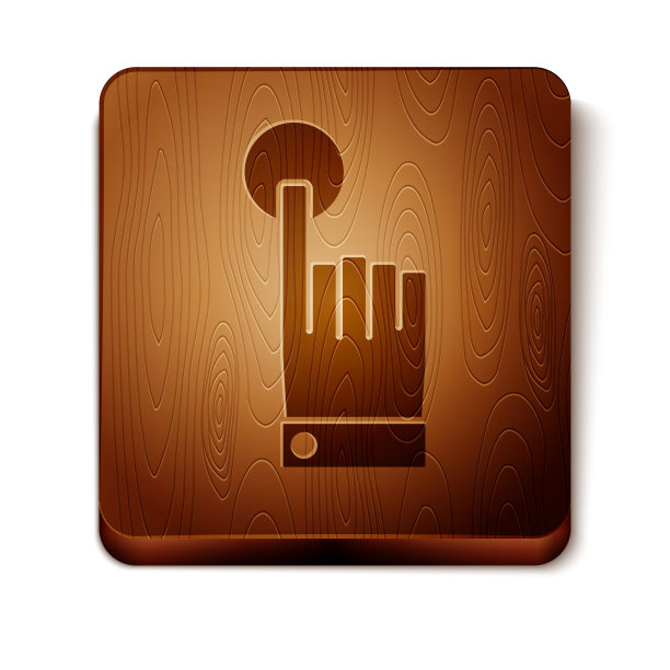 棕色手触摸和轻击手势图标孤立在白色背景上。点击这里，手指，触摸，指针，光标，鼠标符号。木制方形按钮。矢量图图片下载