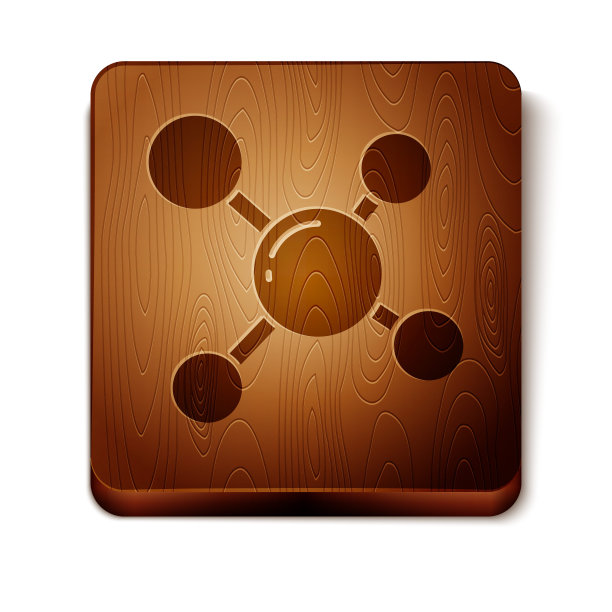 棕色分子图标孤立在白色背景。化学分子结构，科学教师创新教育海报。木制方形按钮。矢量图图片下载