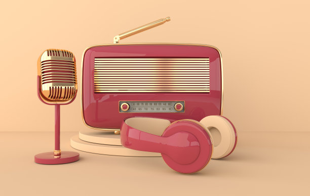 老式耳机，无线电接收器和麦克风。柔和的色彩和金色的细节。复古耳机，收音机和麦克风逼真的3d渲染。音乐爱好者的简约背景图片下载