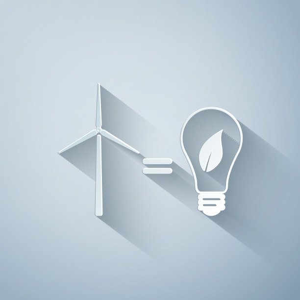 剪纸风力涡轮机和灯泡与树叶作为环保能源的概念孤立在灰色背景。纸艺术风格。矢量图图片下载