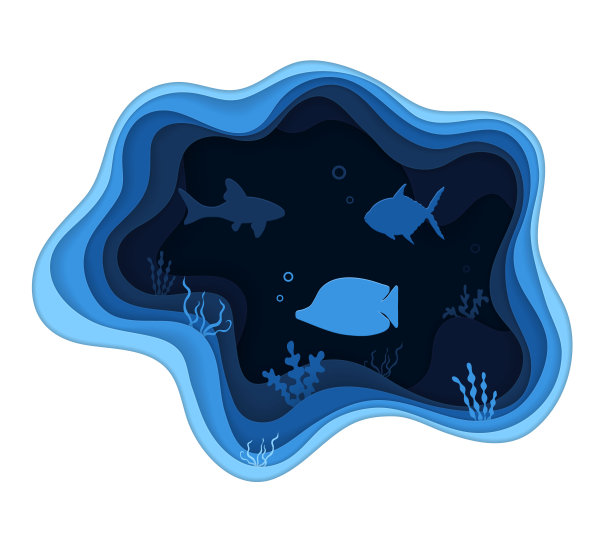 纸在海里切鱼。折纸式海与鱼，珊瑚礁。水波与海洋生物。水下海洋野生动物。剪纸鱼缸与鱼。自然的艺术。孤立的矢量图图片下载